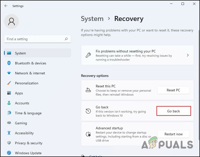 Click on the Go back button