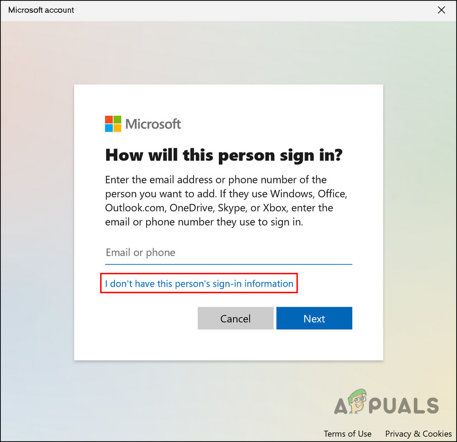 Choose the I don't have this person's sign-in information option