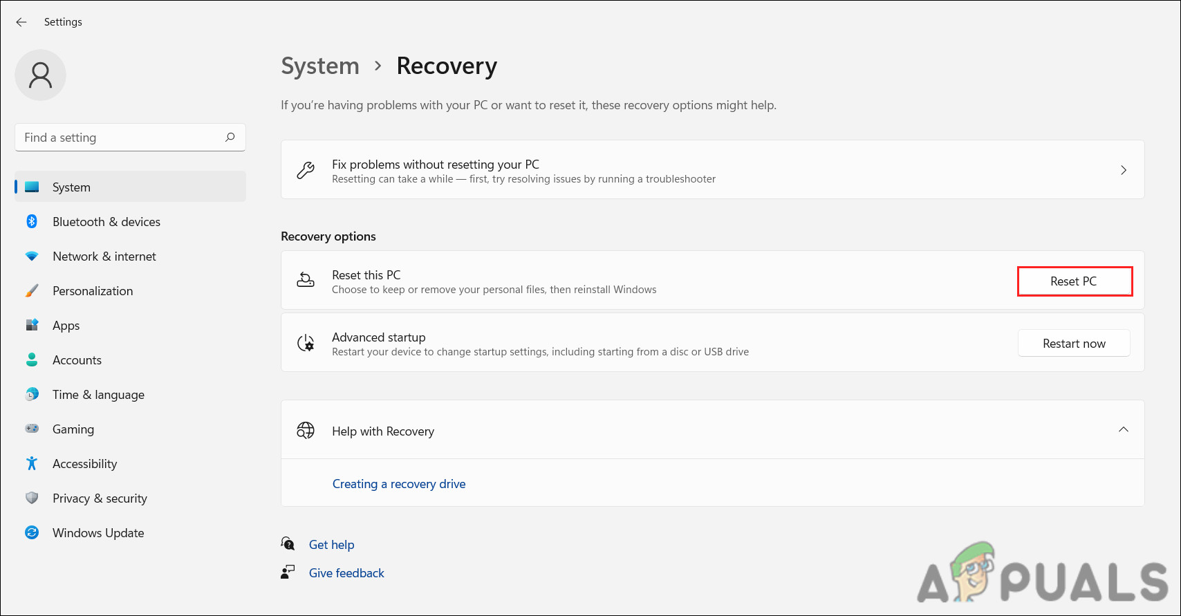 Click on the Reset button