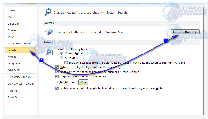 outlook instant search not working