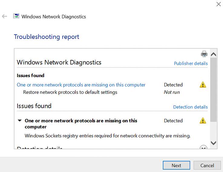 Internet connection is required. Отчет о сетевых протоколов в win 10. Network Diagnostics.