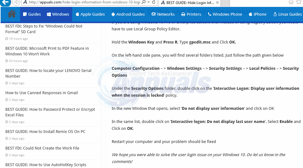 windows 10 enterprise disable login information