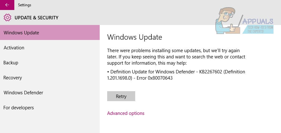 windows defender definition update failed