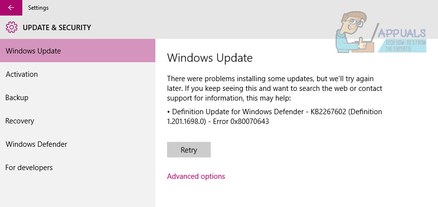 windows defender definition update failed