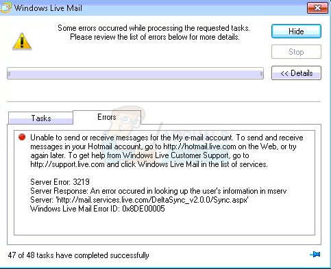 windows live mail calendar service error