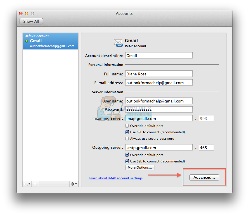 outlook for mac server settings for gmail imap troubleshooting