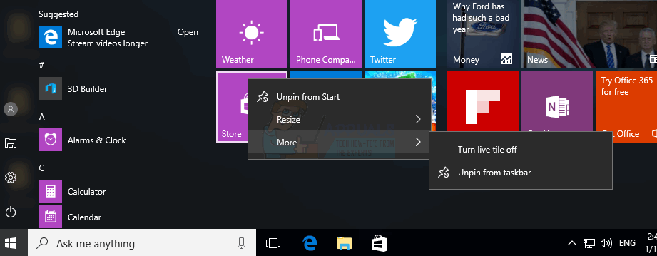 turn off live tiles in windows 10