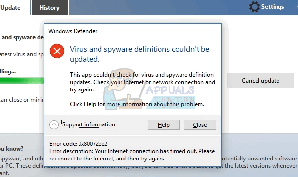 windows defender virus and spyware definitions connection failed