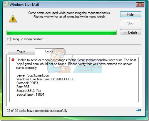 xlist error comcast windows live mail