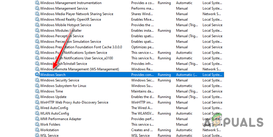 Opening Windows Search Service Properties