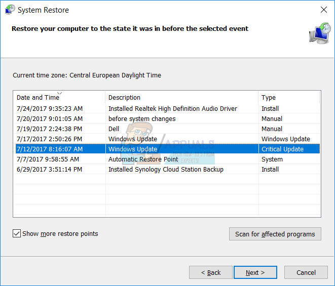 Choosing a system restore point from the list