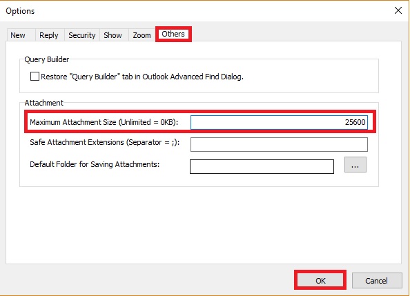 how to change outlook attachment size limit