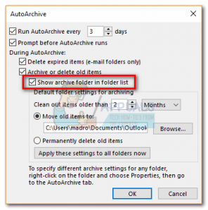 outlook 2016 archive email purge setting