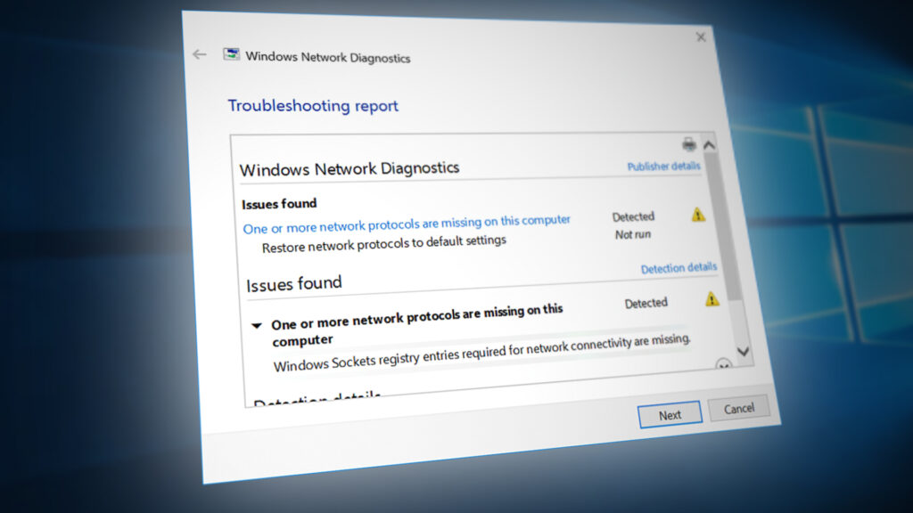 Windows sockets registry entries required are missing
