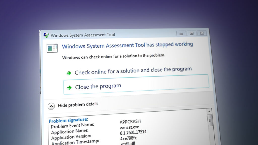 Windows System Assessment Tool has stopped working