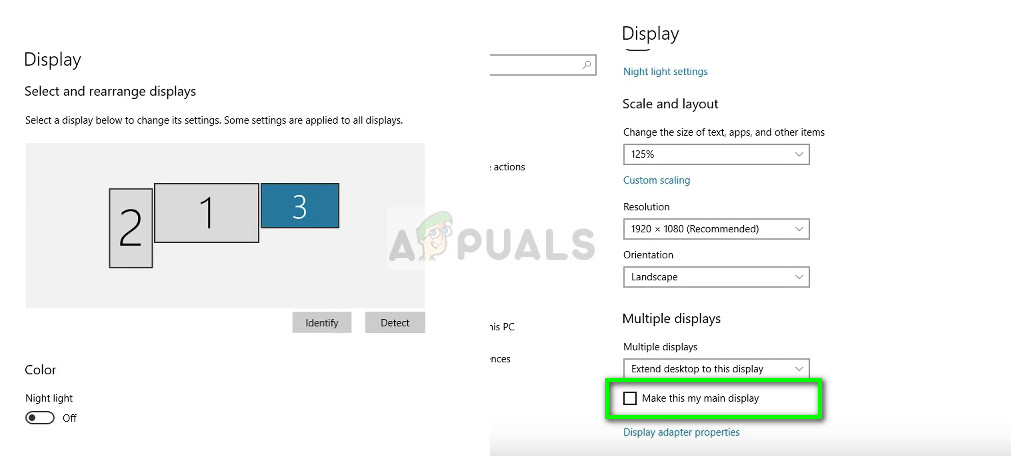 Settings screen as primary display in Windows 10 settings