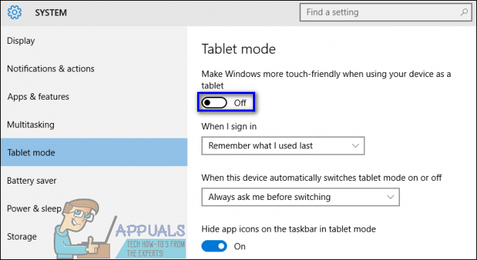 tablet mode windows 10 turn off