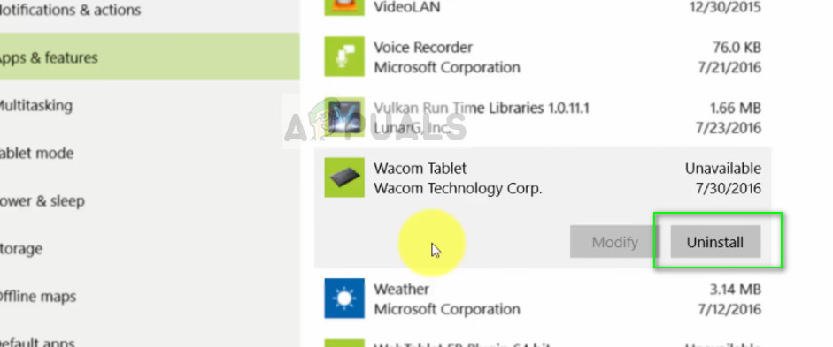 Uninstalling Wacom Tablet software - Settings on Windows 10