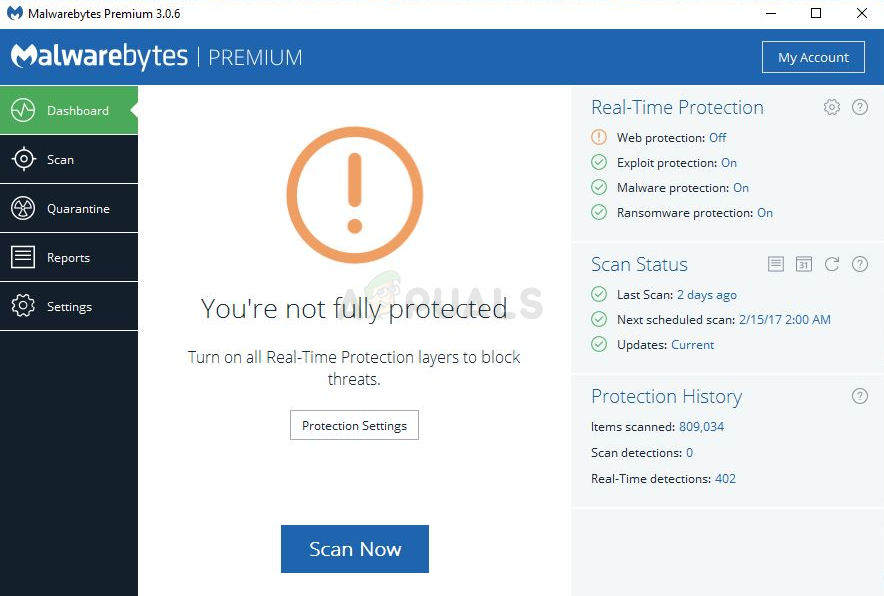 malwarebytes premium 3.5.1 malware protection wont turn on