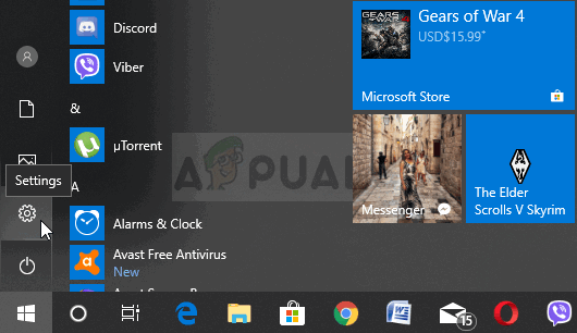Opening Settings from Start menu