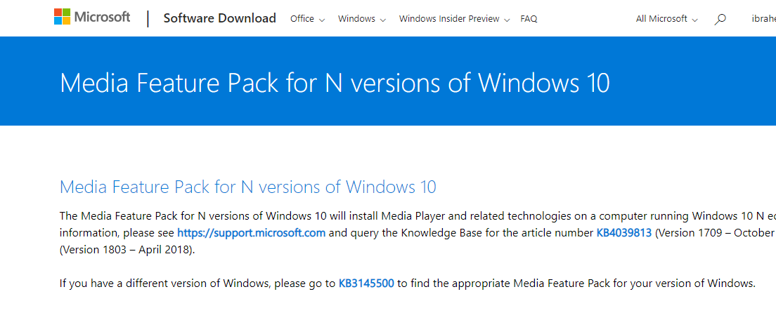 Media Feature Pack for Windows N