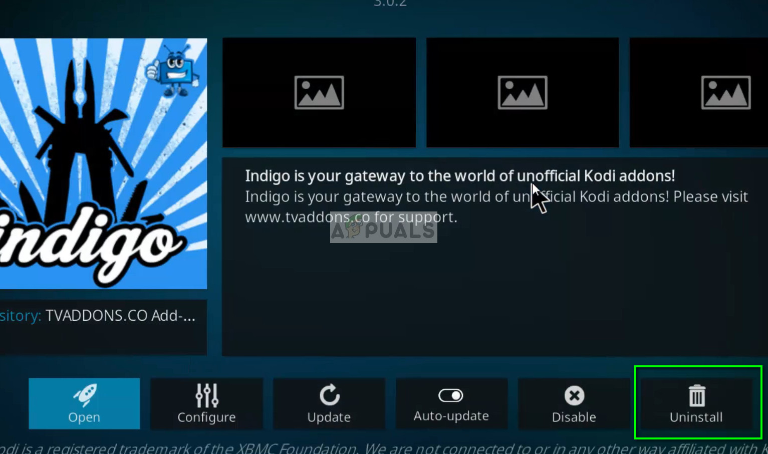 Uninstall option for add-on Indigo on Kodi