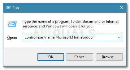 Run dialog: control.exe /name Microsoft.HomeGroup