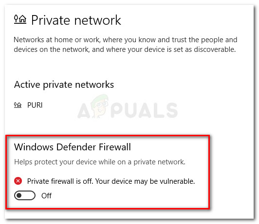 Disable Windows Defender Firewall for your Private Network