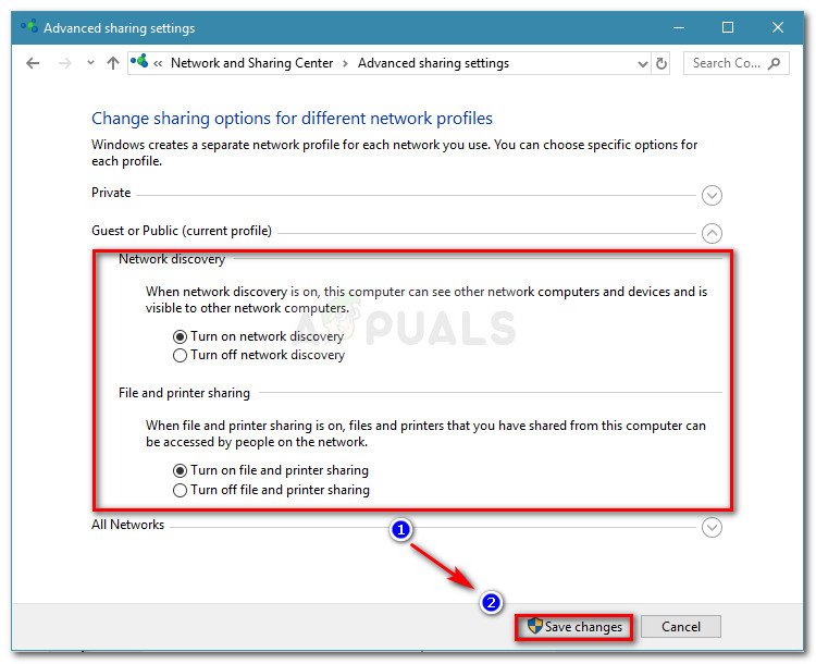 Enable Network Discovery and File and printer sharing