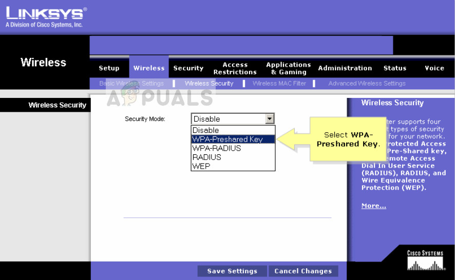 Cisco wireless security page in Windows 10