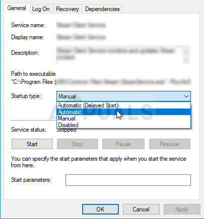 Setting the startup type to Automatic