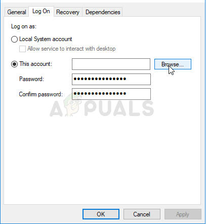 Log On tab in service's Properties