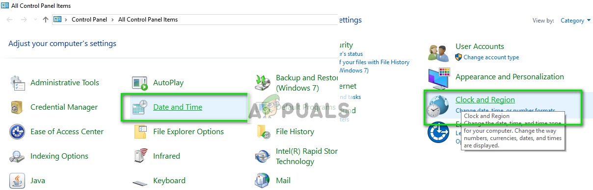 Date and time in Control Panel on Windows 10