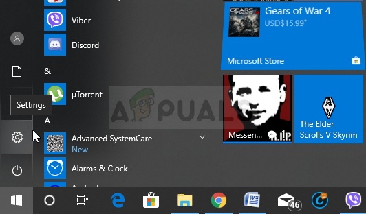 Settings button in Start menu