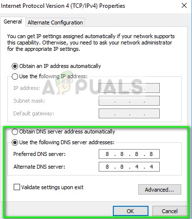 Setting Google's DNS Server against the connected network