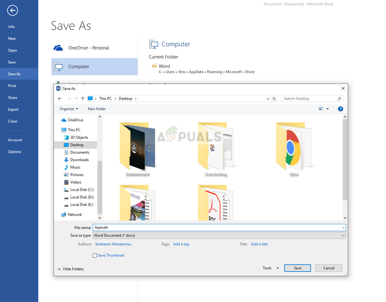 Changing the name and location of the document - Word in Windows 10