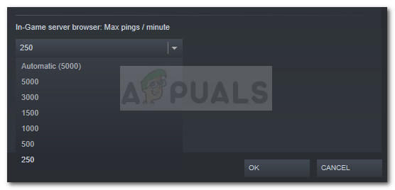 Change In-Game server browser: Mox pings / minute to 250