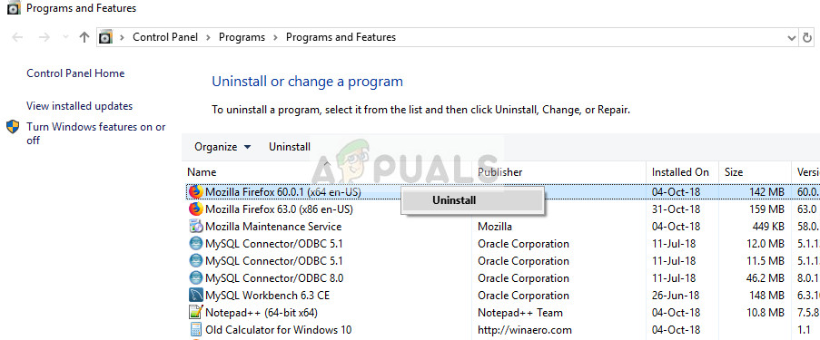 Uninstalling Mozilla Firefox in Windows 10