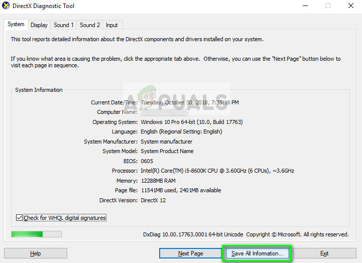 Save all information in Dxdiag on Windows 10