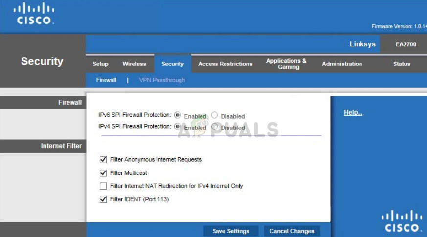 Cisco router configuration page