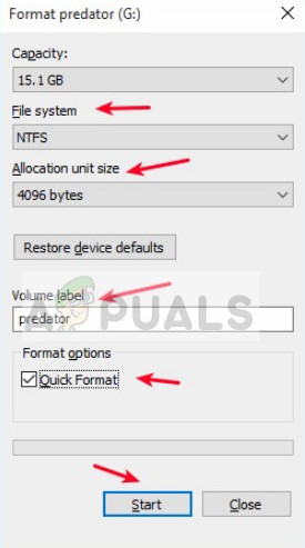 Formatting drive to NTFS file system in Windows 10