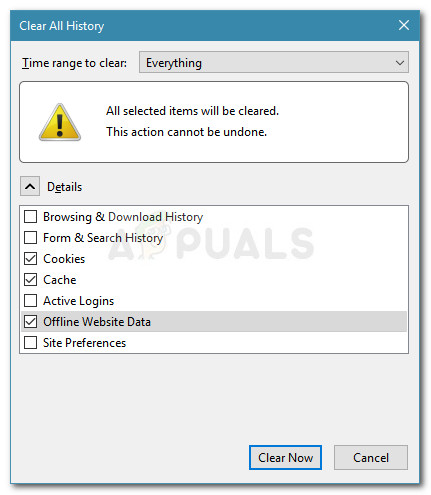 Clearing cookies, cache and offline website data