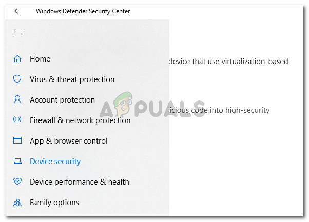 Acess the Device Security menu of Windows Defender