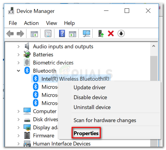Right-click on your Bluetooth adapter entry and click on Properties