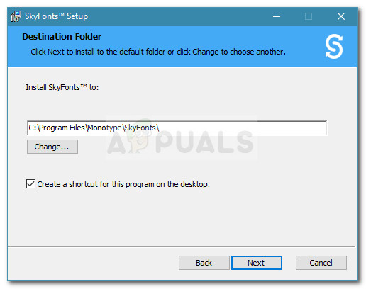 Choosing the installation location of SkyFonts