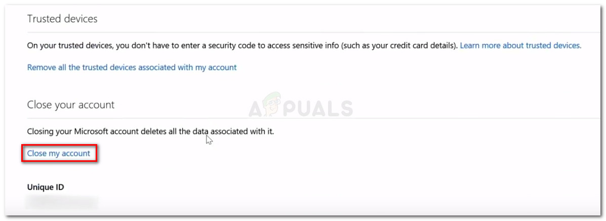 Click on Close my account at the bottom of the page