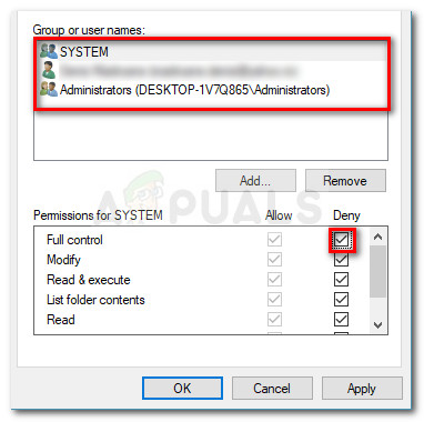 Deny Full Control permissions of every group or user name