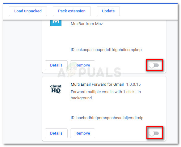 Disable each extension via toggle at the bottom