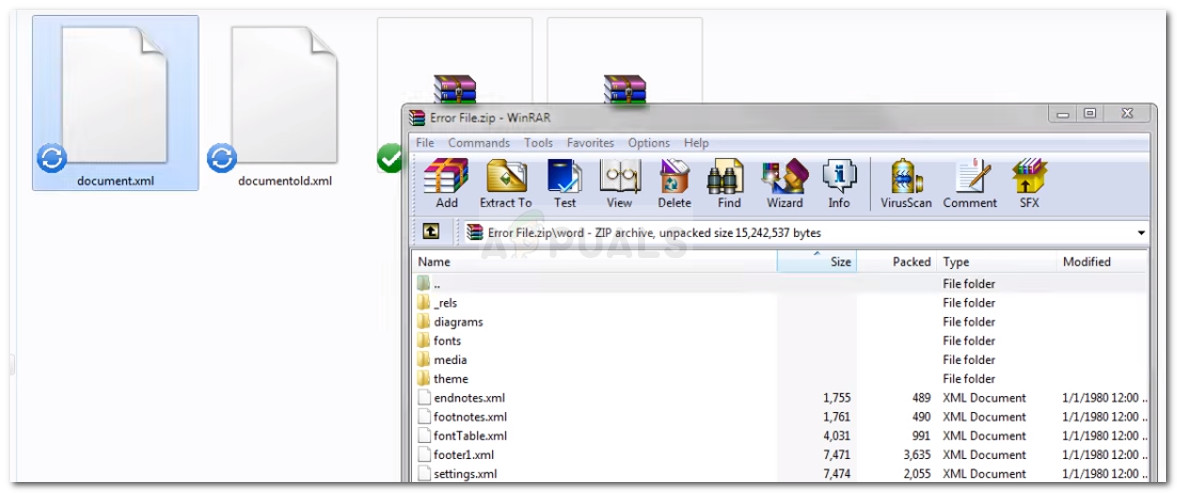 Pasting the XML file back into the ZIP archive