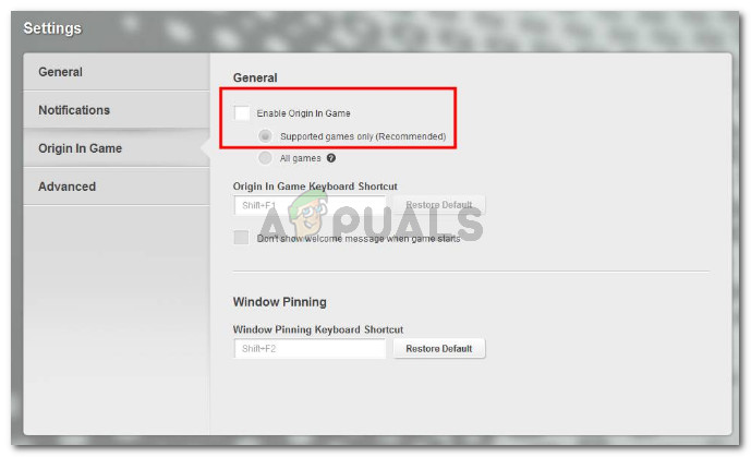 Disable the toggle associated with Enable Origin In-Game